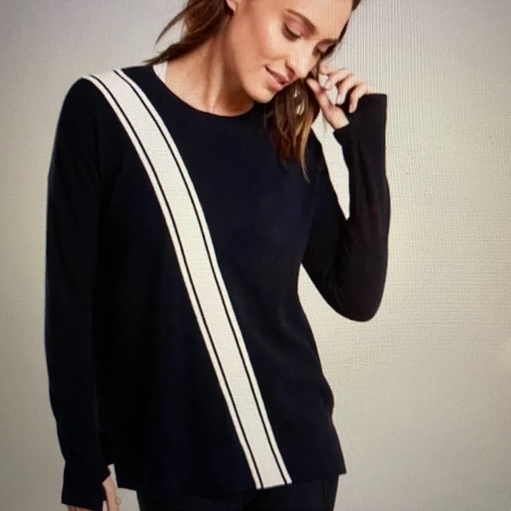 Athleta Streetwise Navy White Sweater Relaxed Thumbholes Cotton Crew Neck XS
